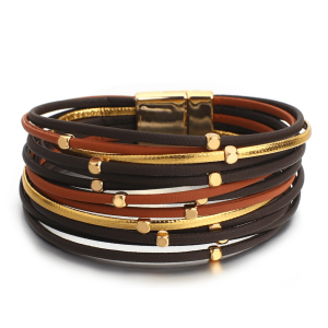 Brown. Black Goldtone Faux Leather Multi-strand Bracelet