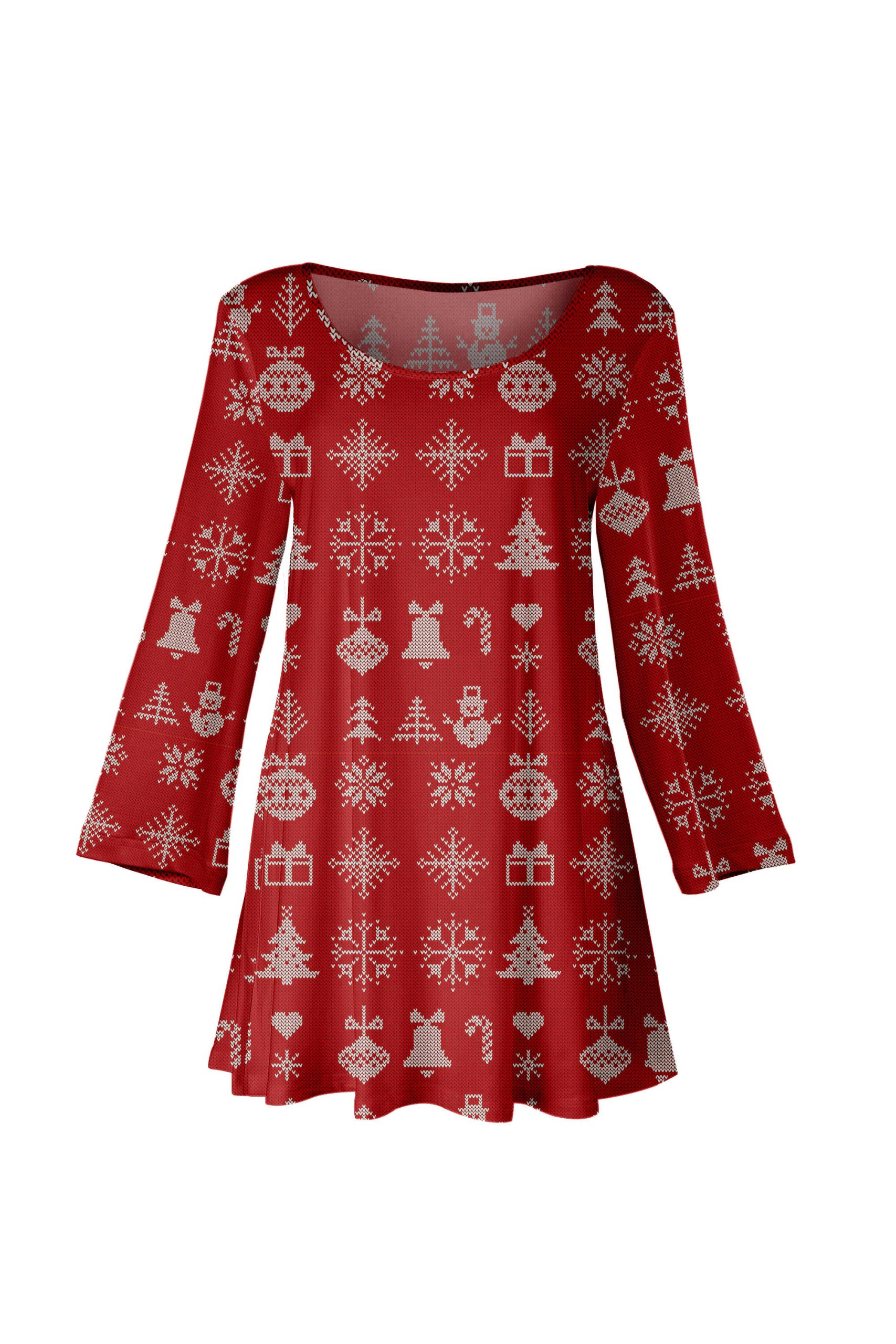 Lily by Firmiana Women's Long Sleeve Scoop Neck Flared Hem Tunic Red Holiday Reindeer Fair Isle Print - Image 2