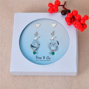 Sterling Silver Holiday 4-Pair Earring Set of Heart Stud. Christmas Tree Stud. Night Cap. A drop of Green CZ Huggie