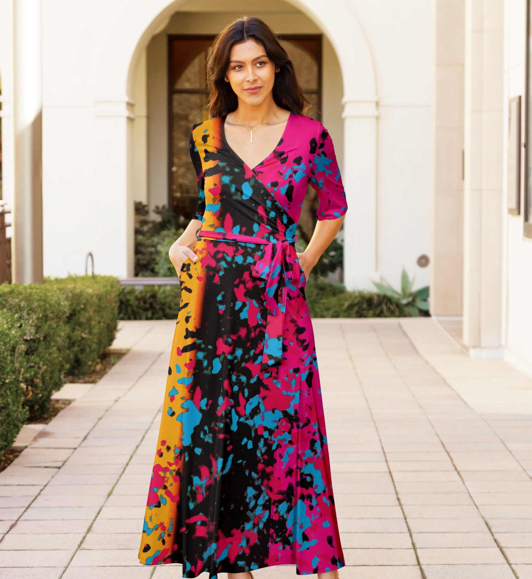 Lily by Firmiana Women's ? Sleeve Wrap-Style Maxi Dress with Tie Fuchsia & Blue Tropical Floral
