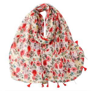 Floral Poppy Print Scarf with Tassel Accents