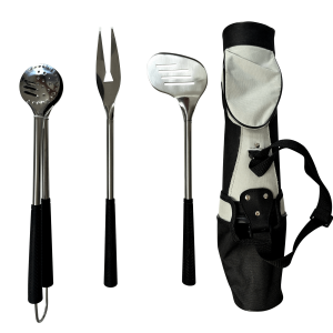 Outset Stainless Steel Golf Club Grill Tool Set. Includes Tool Golf Bag. Spatula. BBQ Fork. and Tongs