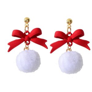 Don't AsK Red Bow White Pom Pom Stud Earrings ?C Festive Holiday Jewellery for Women