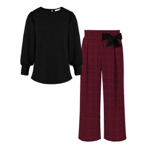 Black Bishop-Sleeve Top & Burgundy Plaid Wide-Leg Pants