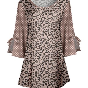 Lily by Firmiana Women's Round Neck Tunic with Split Hem ¾ Sleeves and Tie Detail Tan & Brown Leopard