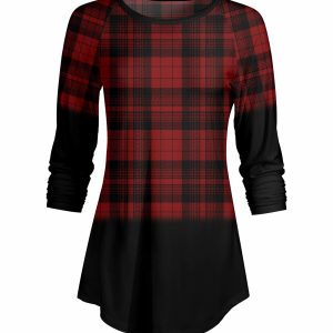 Lily by Firmiana Women's ¾ Sleeve Scoop Neck Tunic Top Red & Black Plaid Holiday