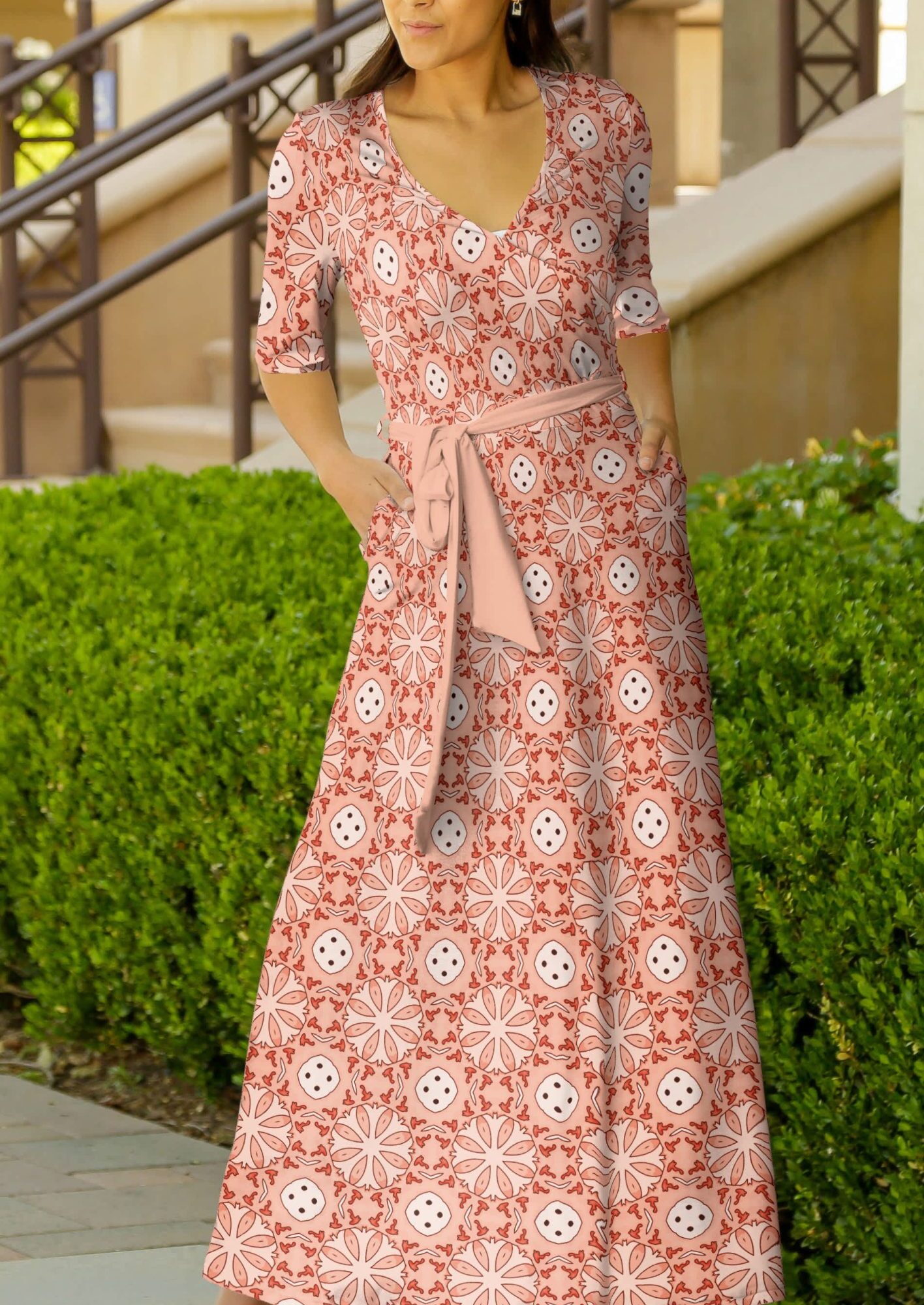 Lily by Firmiana Women's ? Sleeve Wrap-Style Maxi Dress with Tie Red & White Tile Print