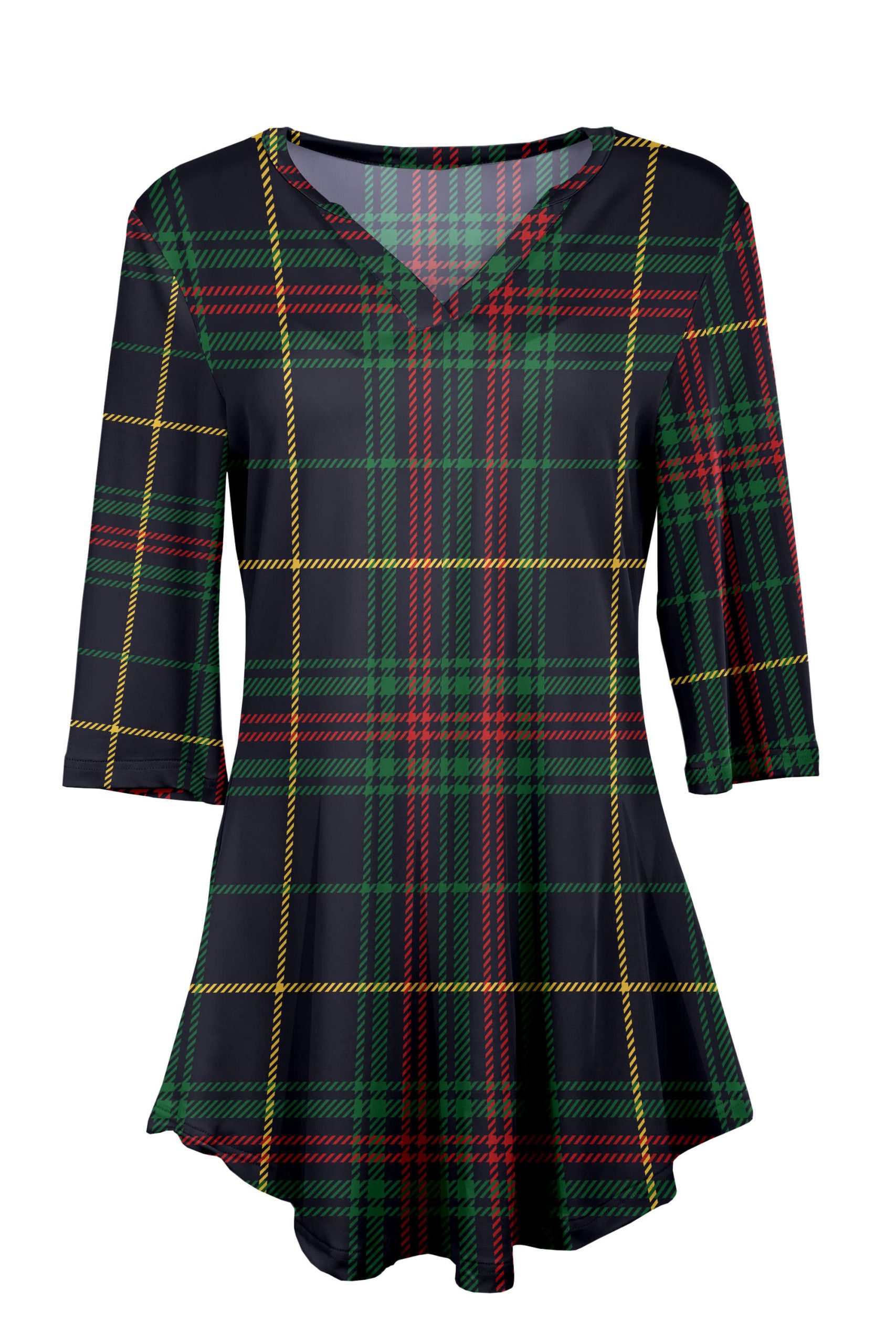 Lily by Firmiana Women's 3/4 Sleeve Notch Neck Tunic Navy & Green Plaid Holiday Print - Image 3