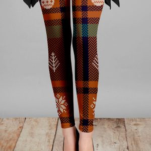 Lily by Firmiana Women's Medium Rise Printed Legging Brown Patchwork Holiday Print