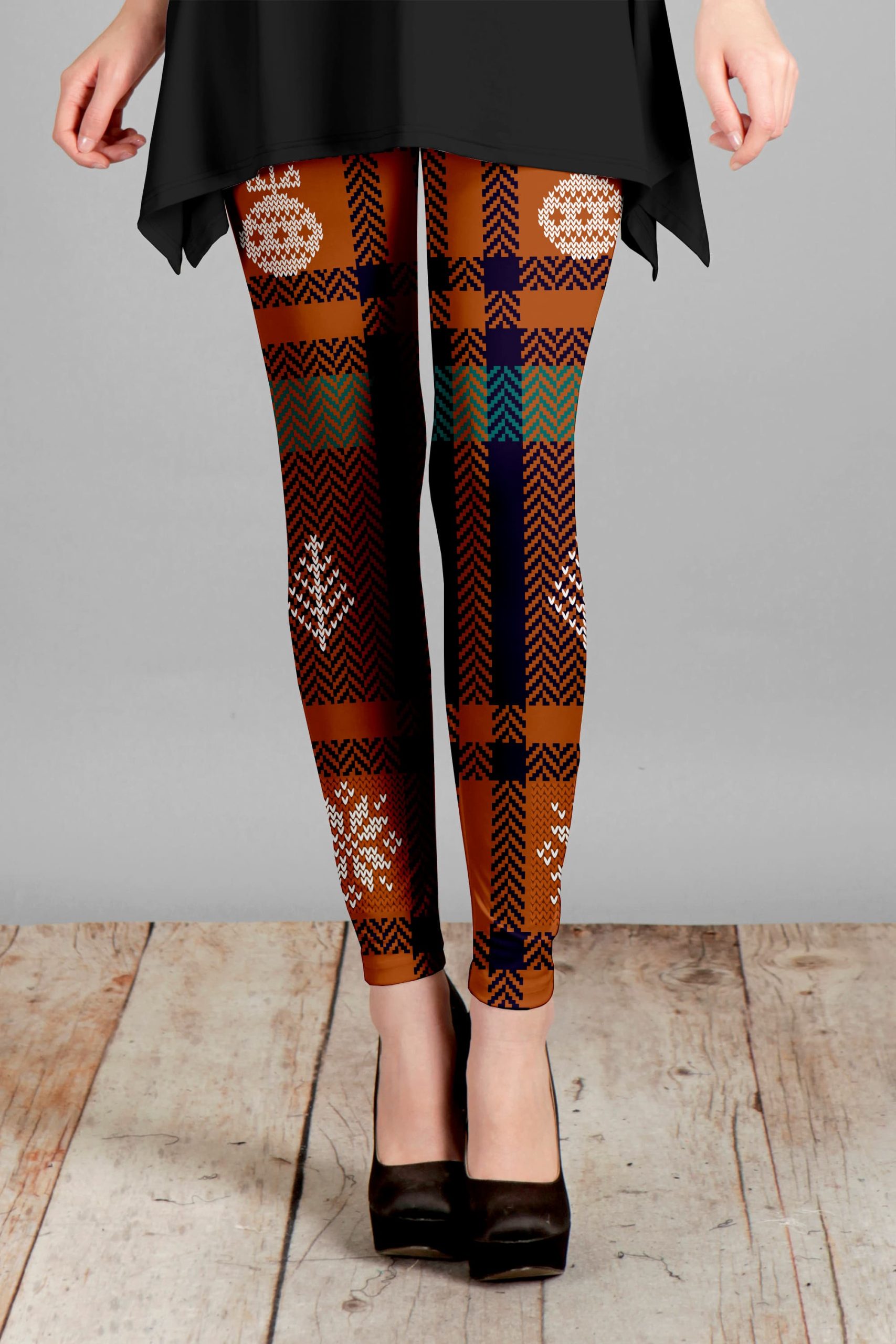 Lily by Firmiana Women's Medium Rise Printed Legging Brown Patchwork Holiday Print