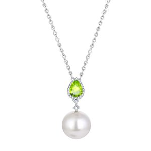 Sterling Silver Shell Pearl. Natural Peridot and White Topaz Drop Pendant with 18 Cable Chain