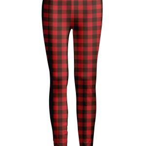 Lily by Firmiana Women's Medium Rise Printed Legging Red & Black Buffalo Plaid Print