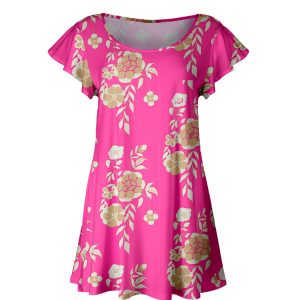 Lily by Firmiana Women's Short Sleeve Flutter Hem Tunic Top Pink Floral Print