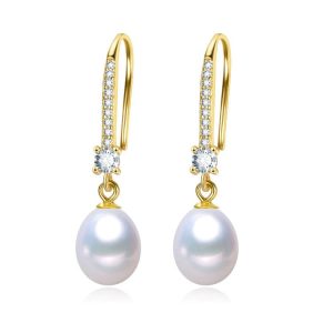 18kt Gold Plated Sterling Silver Pave White Freshwater Pearl Drop Earrings