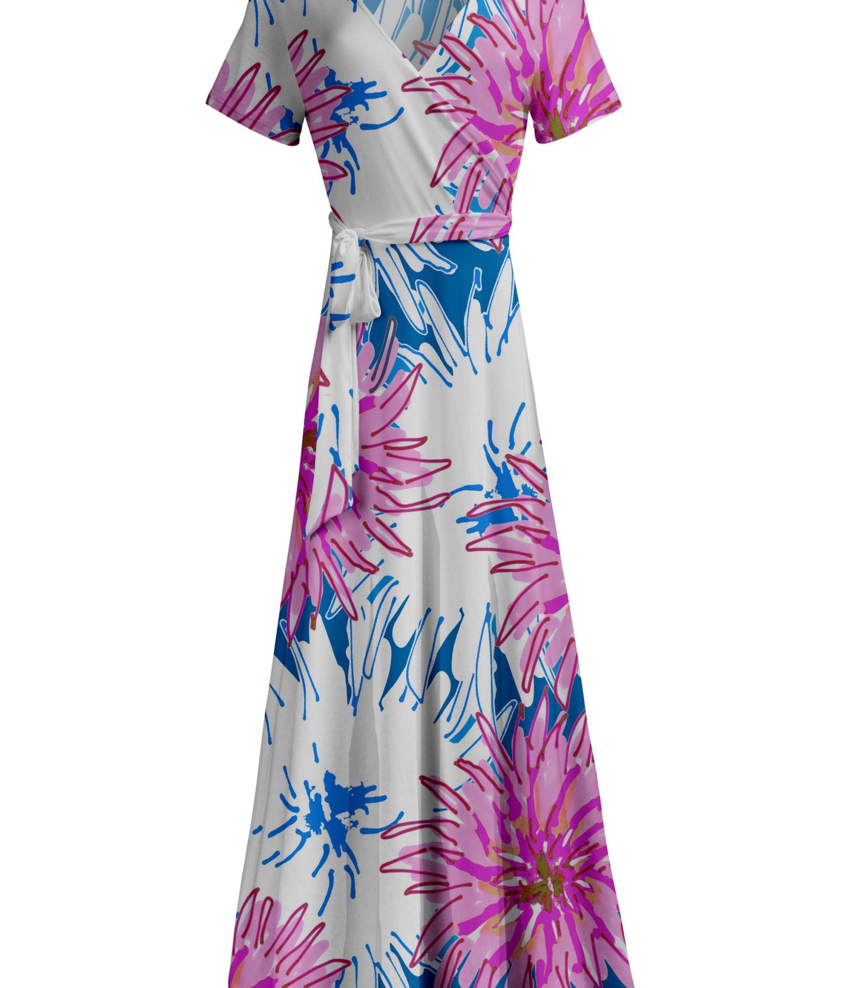 Lily by Firmiana Women's Short Sleeve Wrap-Style Maxi Dress with Tie Blue & Magenta Palm Floral