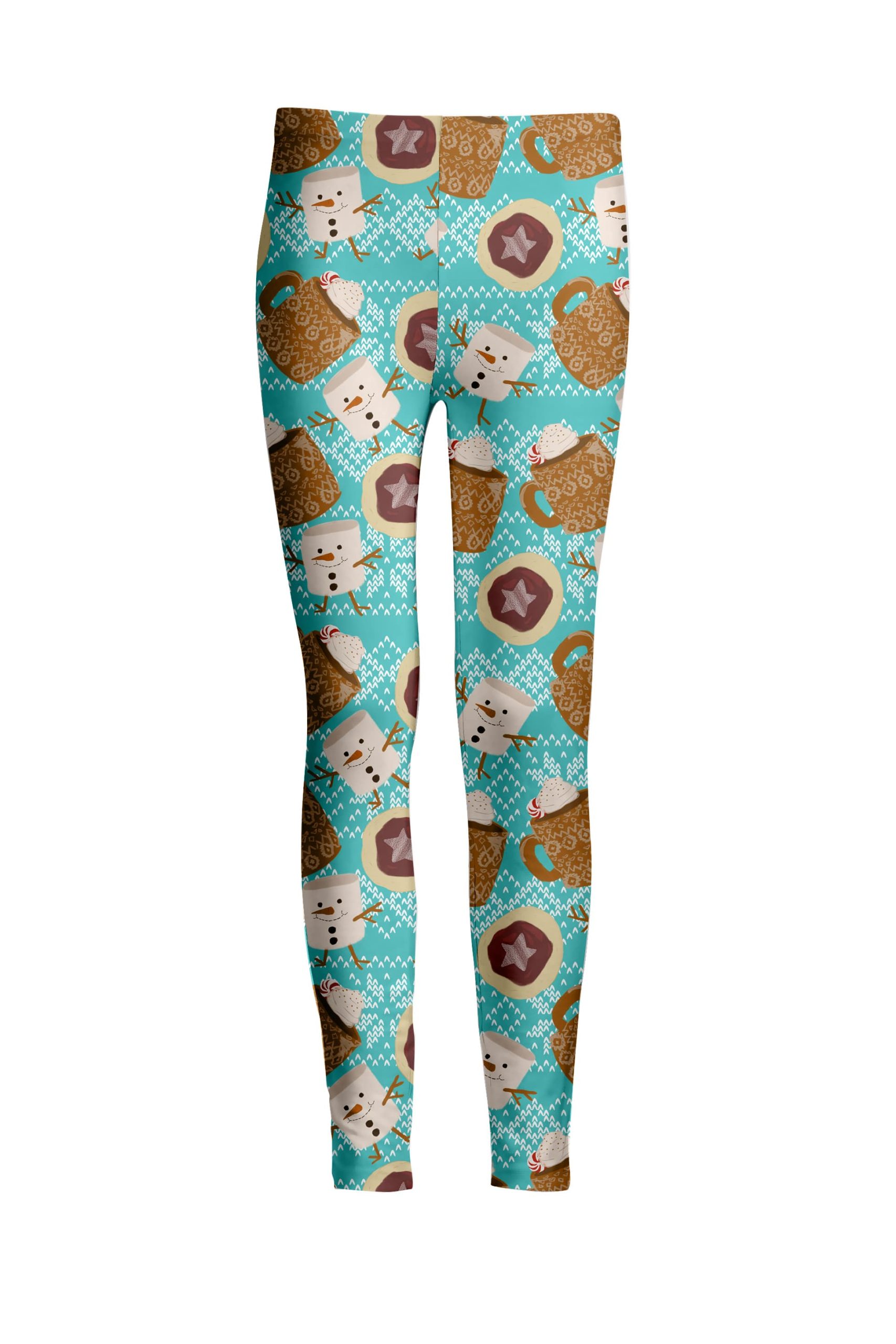 Lily by Firmiana Women's Medium Rise Printed Legging Blue & Brown Marshmallow Snowman Print - Image 2