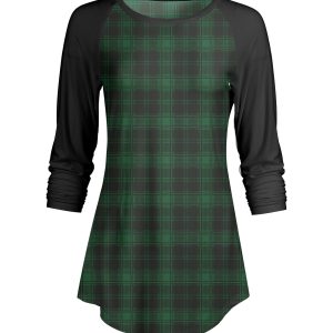 Lily by Firmiana Women's ¾ Sleeve Scoop Neck Tunic Top Green Plaid Tunic