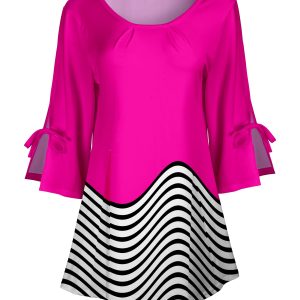 Lily by Firmiana Women's Round Neck Tunic with Split Hem ¾ Sleeves and Tie Detail Black & Fuchsia Colorblock Stripe