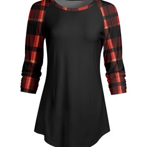 Lily by Firmiana Women's ¾ Sleeve Scoop Neck Tunic Top Buffalo Plaid Red Sleeve