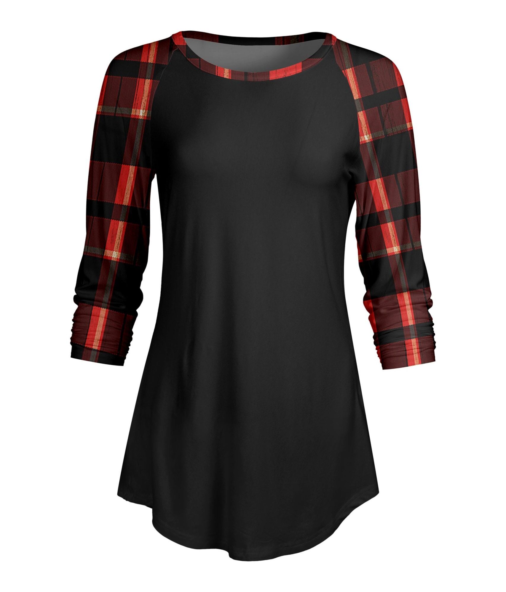 Lily by Firmiana Women's ¾ Sleeve Scoop Neck Tunic Top Buffalo Plaid Red Sleeve