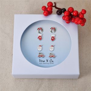 Sterling Silver Holiday Earring 4-Pair Set of Enamel Christmas Tree. Star Dangle. Green CZ Stud. Candy Cane Dangle