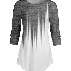 Lily by Firmiana Women's ¾ Sleeve Scoop Neck Tunic Top Grey and White Linear