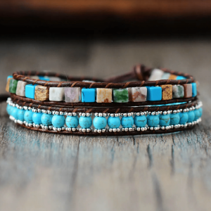 Leather Turquoise Beaded Dual Row Bracelet