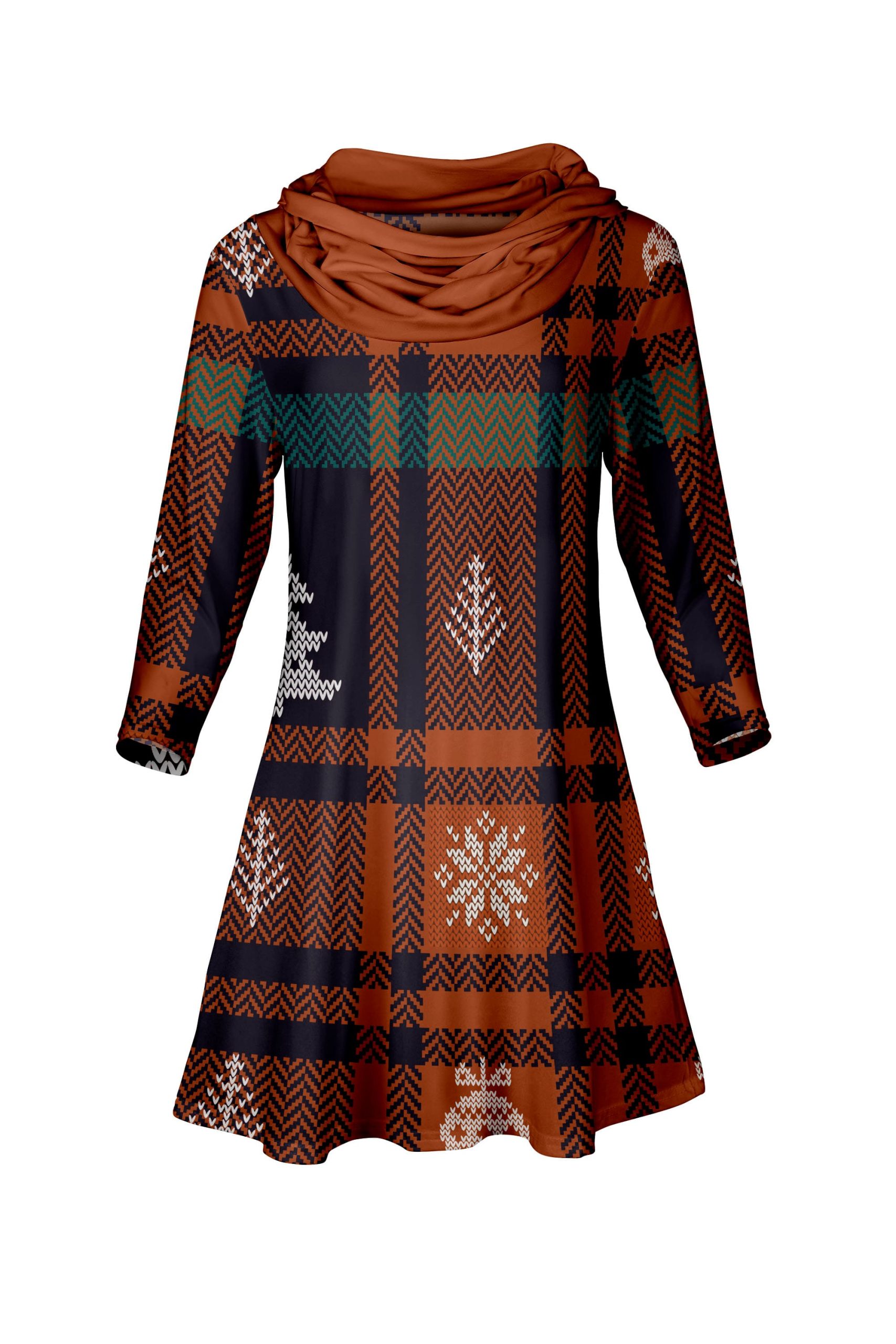 Lily by Firmiana Women's Long Sleeve Cowl Neck Plaid Tunic Dress Brown & Teal Plaid Tunic Dress - Image 2